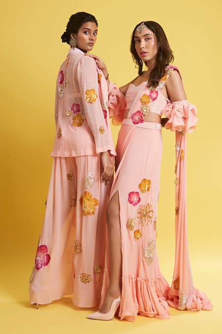 Buy_Surily G_Pink Crepe Hand Embroidery Pearls Sweetheart Neck Blouse _Online_at_Aza_Fashions