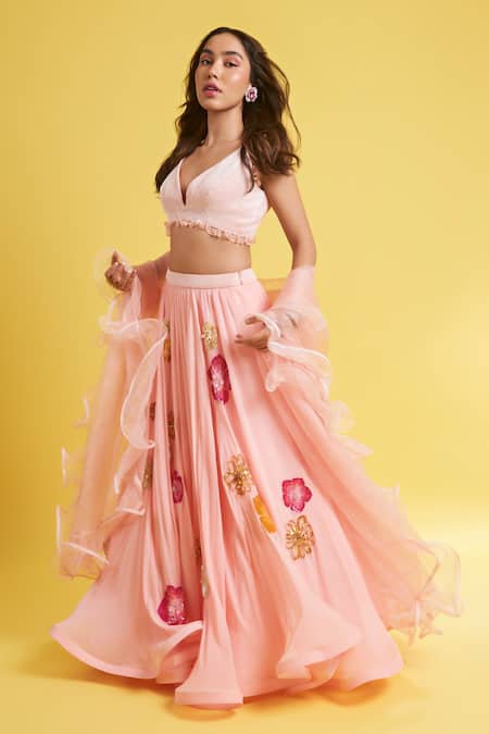 Shop Surily G Pink Georgette Sequins Floral Hand Embroidered Lehenga at Aza Fashions Shop_Surily G_Pink Georgette Sequins Floral Hand Embroidered Lehenga _at_Aza_Fashions
