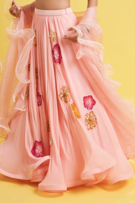Surily G Pink Georgette Sequins Floral Hand Embroidered Lehenga Online at Aza Fashions Surily G_Pink Georgette Sequins Floral Hand Embroidered Lehenga _Online_at_Aza_Fashions