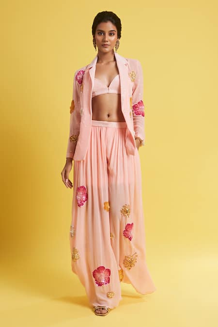 Surily G_Pink Georgette Hand Embroidered Blazer _Online_at_Aza_Fashions