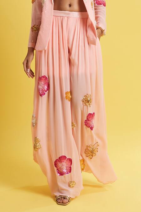 Shop_Surily G_Pink Georgette Hand Embroidered Gathered Pant _Online_at_Aza_Fashions