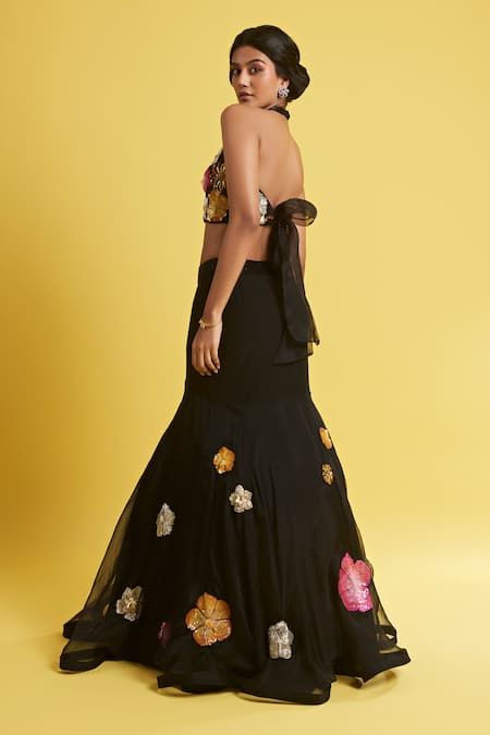 Shop Surily G Black Organza Hand Embroidered Cut Dana Halter Floral Applique Blouse at Aza Fashions Shop_Surily G_Black Organza Hand Embroidered Cut Dana Halter Floral Applique Blouse _at_Aza_Fashions