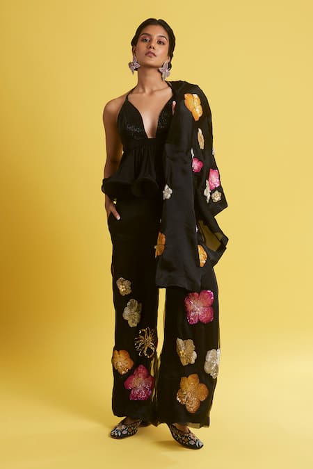 Shop Surily G Black Organza Floral Applique Embroidered Jacket at Aza Fashions Shop_Surily G_Black Organza Floral Applique Embroidered Jacket _at_Aza_Fashions