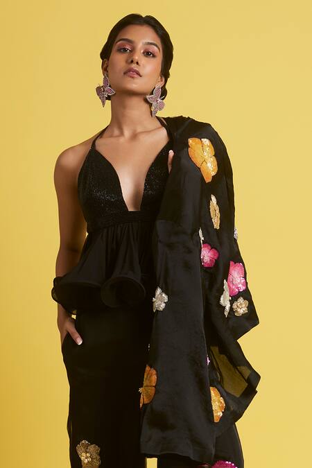 Surily G Black Organza Floral Applique Embroidered Jacket Online at Aza Fashions Surily G_Black Organza Floral Applique Embroidered Jacket _Online_at_Aza_Fashions