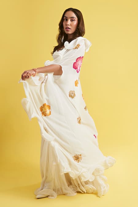 Shop_Surily G_Ivory Georgette Plain Ruffle Bordered Flared Sharara  _at_Aza_Fashions