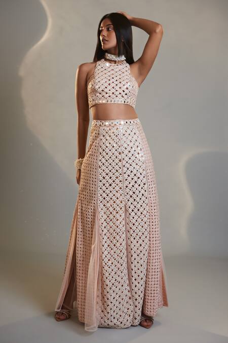 Buy Surily G Pink Crepe Embroidered Cutdana Halter Neck Cutwork Choli Online at Aza Fashions Buy_Surily G_Pink Crepe Embroidered Cutdana Halter Neck Cutwork Choli _Online_at_Aza_Fashions