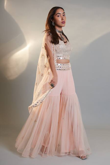 Shop Surily G Pink Crepe Embroidered Cutdana Cutwork Waistband Sharara at Aza Fashions Shop_Surily G_Pink Crepe Embroidered Cutdana Cutwork Waistband Sharara _at_Aza_Fashions