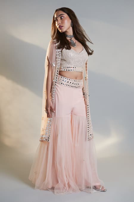 Shop_Surily G_Pink Crepe Embroidered Cutdana Open Mirror Embellished Cape  _at_Aza_Fashions
