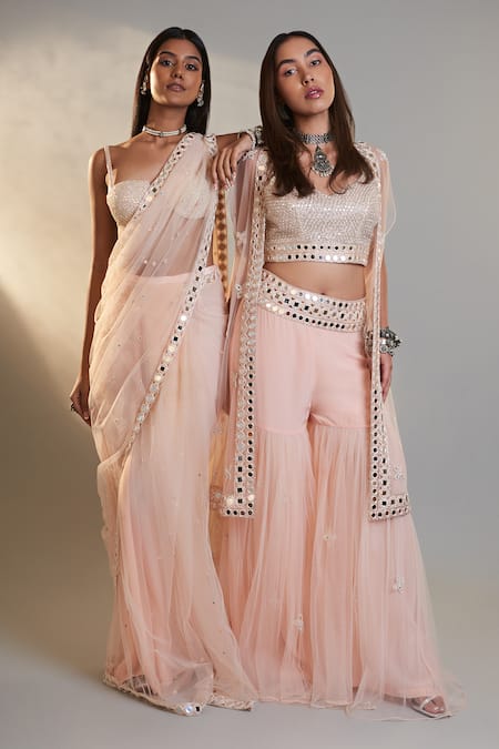 Surily G_Pink Net, Crepe Mirrors, Cut Work Embellished Pre Stitched Saree _Online_at_Aza_Fashions