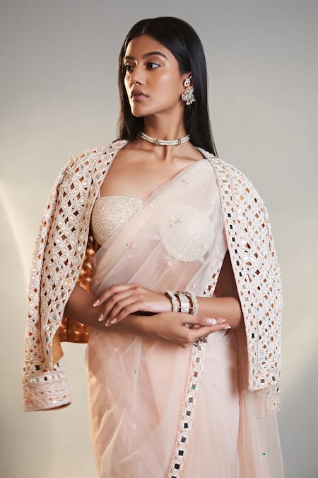 Buy_Surily G_Pink Net, Crepe Mirrors, Cut Work Embellished Pre Stitched Saree _Online_at_Aza_Fashions
