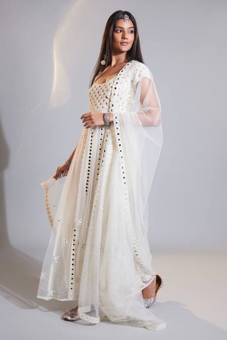 Shop Surily G Ivory Mirror Border Embroidered Net Dupatta at Aza Fashions Shop_Surily G_Ivory Mirror Border Embroidered Net Dupatta _at_Aza_Fashions