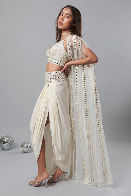 Surily G_Ivory Crepe Mirror Embroidered Blouse _Online_at_Aza_Fashions