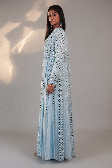 Shop Surily G Blue Crepe Sheesha Jaal Embroidered Long Jacket at Aza Fashions Shop_Surily G_Blue Crepe Sheesha Jaal Embroidered Long Jacket _at_Aza_Fashions