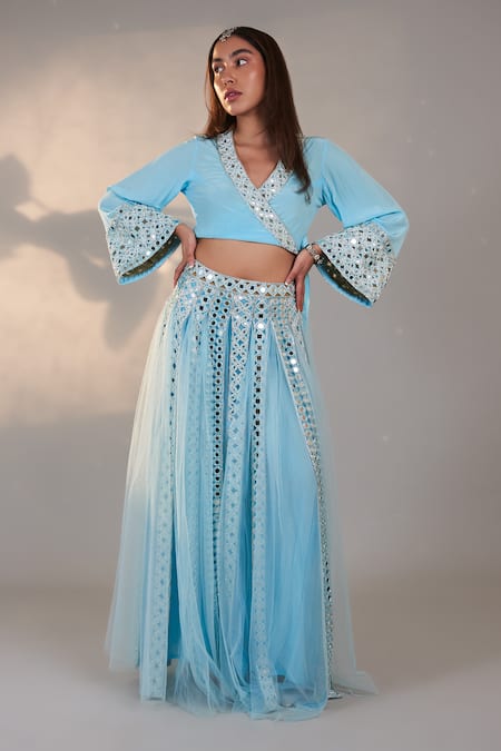 Shop Surily G Blue Crepe Embroidery Mirror V Neck Floral Jaal Wrap Top at Aza Fashions Shop_Surily G_Blue Crepe Embroidery Mirror V Neck Floral Jaal Wrap Top _at_Aza_Fashions