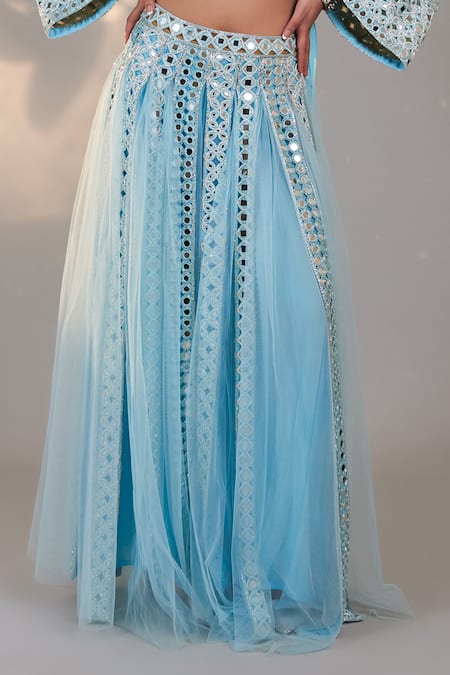 Shop Surily G Blue Crepe Embroidery Mirror Geometric Floral Jaal Sharara Pant at Aza Fashions Shop_Surily G_Blue Crepe Embroidery Mirror Geometric Floral Jaal Sharara Pant _at_Aza_Fashions