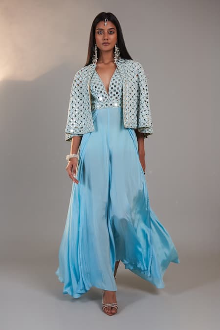 Shop_Surily G_Blue Crepe Embroidery Mirror Plunging V Neck Shessha Jumpsuit  _at_Aza_Fashions