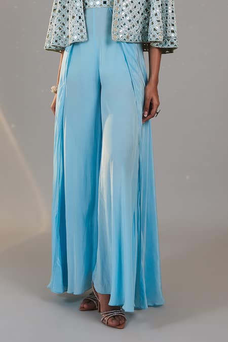 Surily G_Blue Crepe Embroidery Mirror Plunging V Neck Shessha Jumpsuit  _Online_at_Aza_Fashions