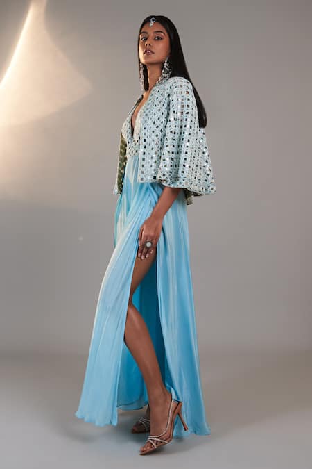 Buy_Surily G_Blue Crepe Embroidery Mirror Plunging V Neck Shessha Jumpsuit  _Online_at_Aza_Fashions