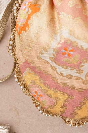 Amyra_Peach Pearls, Embroidery Morocco Embellished Potli Bag_at_Aza_Fashions