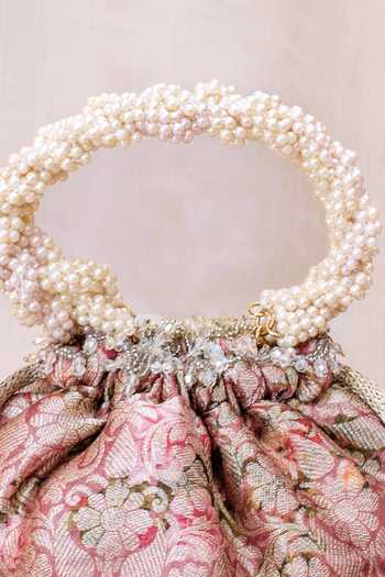 Shop_Amyra_Pink Pearls, Crystals, Lace Elora Printed And Embroidered Potli Bag _Online_at_Aza_Fashions