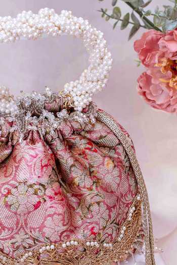 Amyra_Pink Pearls, Crystals, Lace Elora Printed And Embroidered Potli Bag _at_Aza_Fashions
