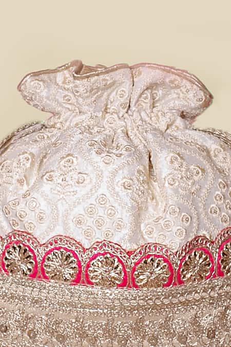Shop Amyra Off White Lace, Pearls, Embroidery Spiti Potli Bag at Aza Fashions Shop_Amyra_Off White Lace, Pearls, Embroidery Spiti Potli Bag _at_Aza_Fashions