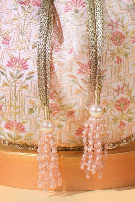 Amyra_Pink Lace, Pearls, Crystals Mogra Embroidered Potli Bag _Online_at_Aza_Fashions
