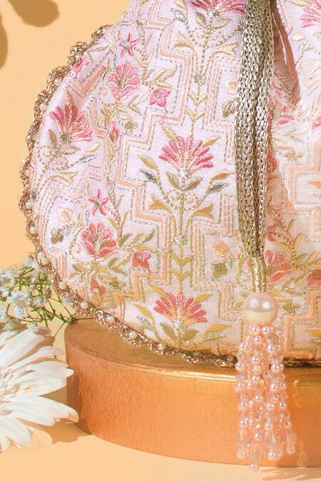 Buy_Amyra_Pink Lace, Pearls, Crystals Mogra Embroidered Potli Bag _Online_at_Aza_Fashions
