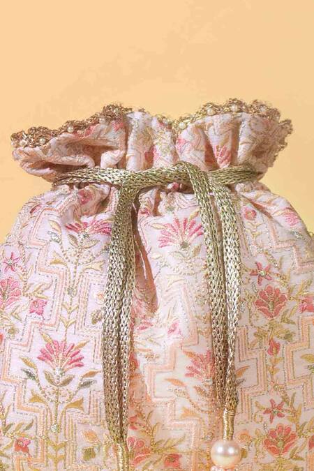 Shop_Amyra_Pink Lace, Pearls, Crystals Mogra Embroidered Potli Bag _Online_at_Aza_Fashions