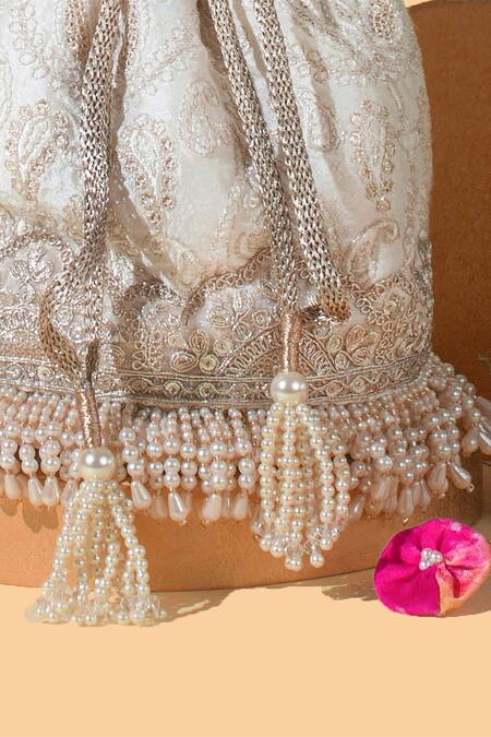 Amyra_Off White Pearls, Crystals, Embroidery Chaand Potli Bag_Online_at_Aza_Fashions