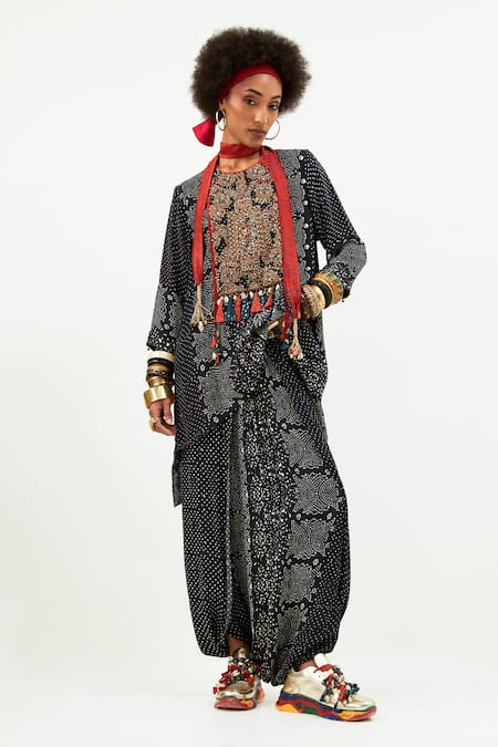 Aseem Kapoor Black Natural Crepe Printed Polka Mitra Kurta And Draped Trouser Set  