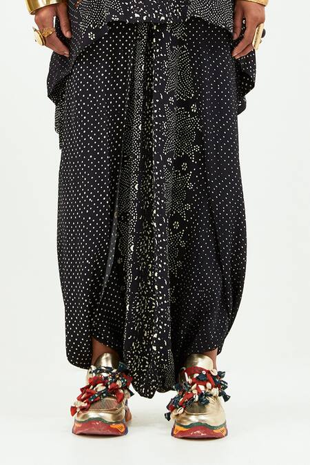 Aseem Kapoor_Black Crepe Tassels Round Neck Mitra Printed Kurta And Draped Trouser Set_Online_at_Aza_Fashions