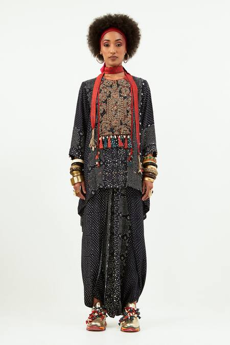 Buy_Aseem Kapoor_Black Crepe Tassels Round Neck Mitra Printed Kurta And Draped Trouser Set_Online_at_Aza_Fashions