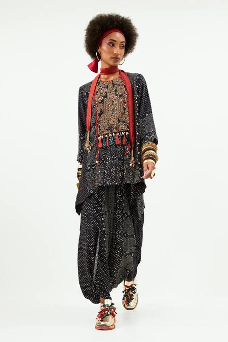 Shop_Aseem Kapoor_Black Crepe Tassels Round Neck Mitra Printed Kurta And Draped Trouser Set_Online_at_Aza_Fashions