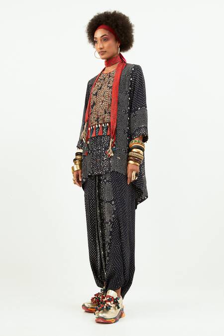 Aseem Kapoor_Black Crepe Tassels Round Neck Mitra Printed Kurta And Draped Trouser Set_at_Aza_Fashions