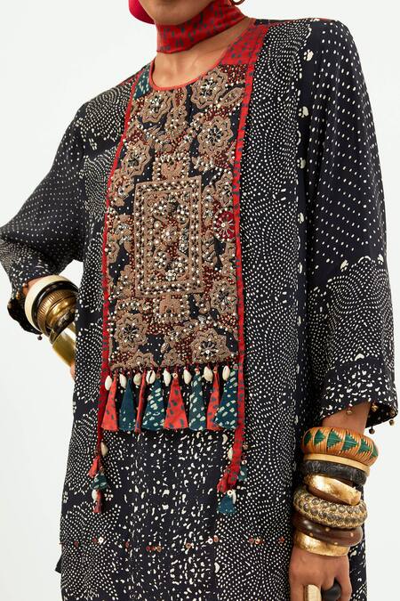 Buy_Aseem Kapoor_Black Crepe Tassels Round Neck Mitra Printed Kurta And Draped Trouser Set