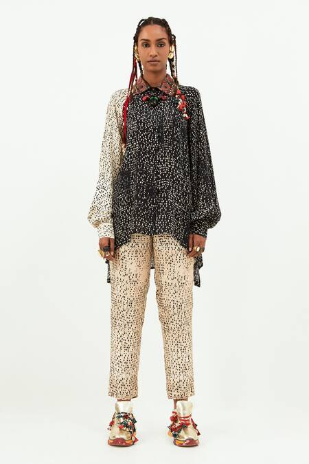 Aseem Kapoor_Black Cotton, Linen, Satin Sequins, Atri Polka Dot Print Shirt And Trouser Set_Online_at_Aza_Fashions