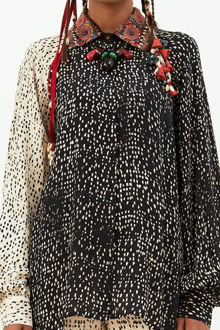 Buy_Aseem Kapoor_Black Cotton, Linen, Satin Sequins, Atri Polka Dot Print Shirt And Trouser Set_Online_at_Aza_Fashions