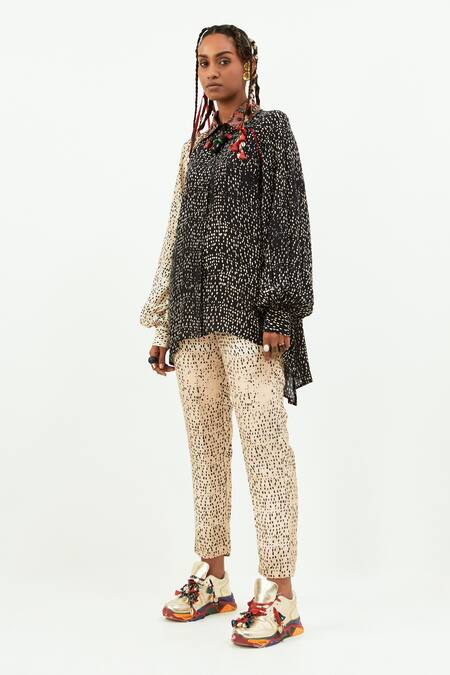 Aseem Kapoor_Black Cotton, Linen, Satin Sequins, Atri Polka Dot Print Shirt And Trouser Set_at_Aza_Fashions