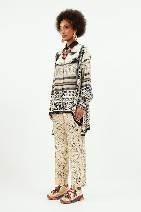 Aseem Kapoor_Black Crepe Collared Atri Printed Asymmetric Shirt_Online_at_Aza_Fashions