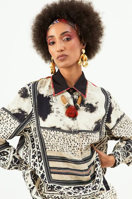 Buy_Aseem Kapoor_Black Crepe Collared Atri Printed Asymmetric Shirt_Online_at_Aza_Fashions