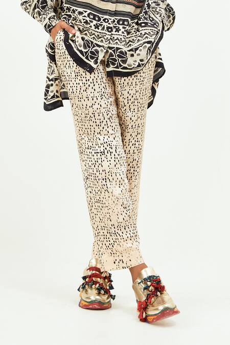 Aseem Kapoor_Black Crepe, Linen, Satin Embroidery Atri Printed Asymmetric Shirt With Trouser_Online_at_Aza_Fashions