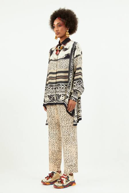 Buy_Aseem Kapoor_Black Crepe, Linen, Satin Embroidery Atri Printed Asymmetric Shirt With Trouser_Online_at_Aza_Fashions