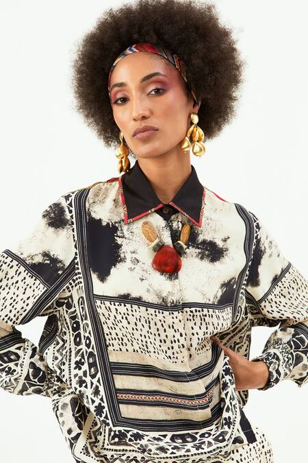 Shop_Aseem Kapoor_Black Crepe, Linen, Satin Embroidery Atri Printed Asymmetric Shirt With Trouser_Online_at_Aza_Fashions