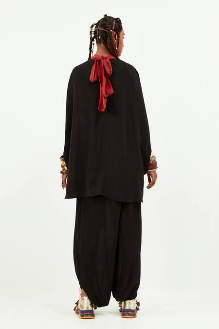 Shop Aseem Kapoor Black Crepe, Linen, Satin Sequins Bandeau Ritu Kaftan Top And Draped Trouser Set at Aza Fashions Shop_Aseem Kapoor_Black Crepe, Linen, Satin Sequins Bandeau Ritu Kaftan Top And Draped Trouser Set_at_Aza_Fashions