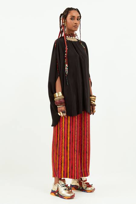 Buy_Aseem Kapoor_Black Crepe, Linen, Satin Sequins, Ritu Kaftan Top And Printed Palazzo Set_Online_at_Aza_Fashions