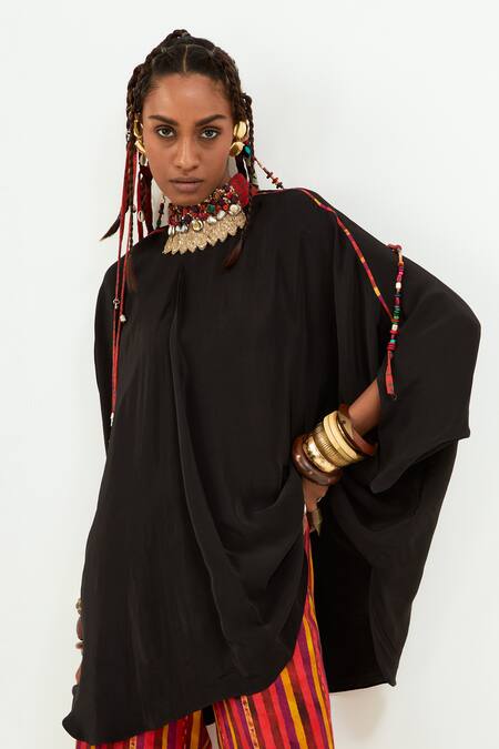 Shop_Aseem Kapoor_Black Crepe, Linen, Satin Sequins, Ritu Kaftan Top And Printed Palazzo Set_Online_at_Aza_Fashions