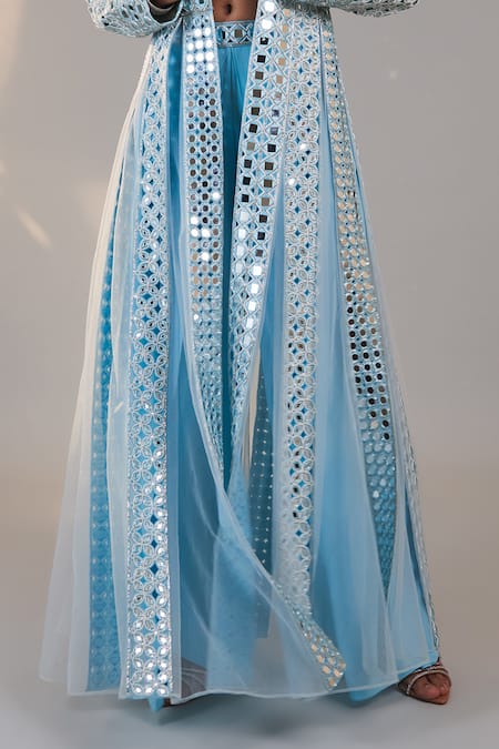 Shop_Surily G_Blue Crepe Mirror Work Waistband Flared Pant  _at_Aza_Fashions