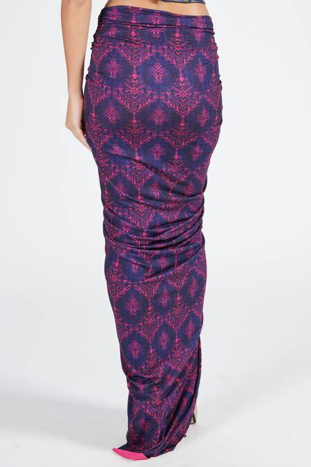 Shop S&N By Shantnu Nikhil Blue Polyester Tribal Print Gathered Skirt at Aza Fashions Shop_S&N By Shantnu Nikhil_Blue Polyester Tribal Print Gathered Skirt_at_Aza_Fashions