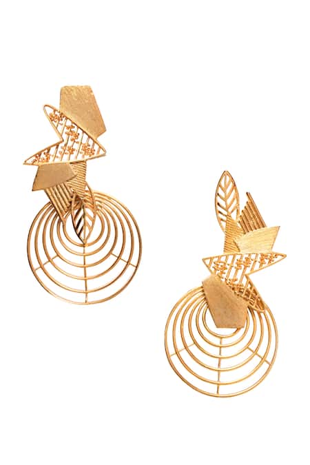 Itrana Gold Plated Cut Work, Chains Circular Cutwork Earrings 